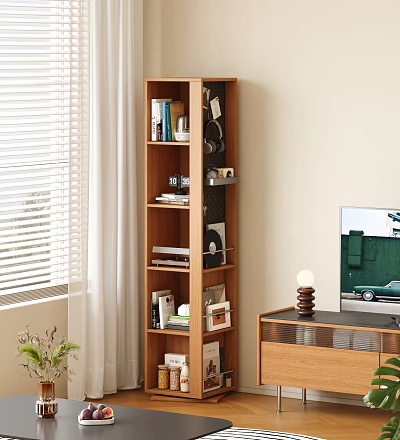 Stylish Wooden Bookshelf with Multiple Shelves Holding Books Photo Frames and Decorative Items 3d model