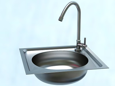 Stainless Steel Single Bowl Kitchen Sink With Curved Faucet On Countertop 3d model