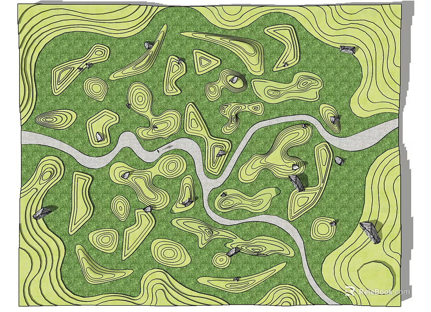 Garden Features Layout With Winding Paths And Various Shaped Green Areas 3d model 