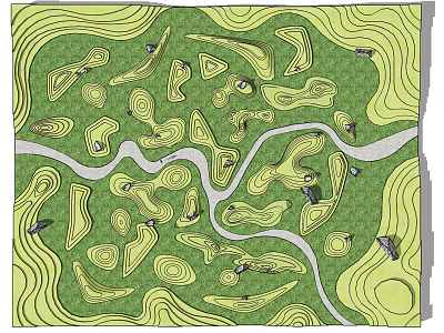 Garden Features Layout With Winding Paths And Various Shaped Green Areas 3d model