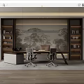 Modern Office Interior Design With Executive Desk Ergonomic Chairs Wooden Bookshelves And Decorative Painting