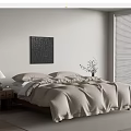 Double Bed with Beige Quilt Pillows Wooden Nightstand Lamp Black Abstract Art Window Blinds