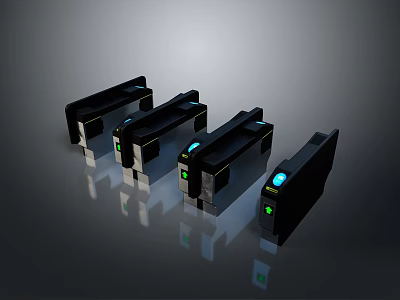 Black Electronic Devices With Green Blue Indicators Arranged On Gray Reflective Background 3d model