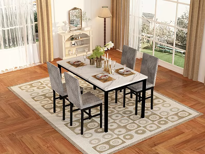 Dining Room Interior Design With Wooden Table Gray Chairs Patterned Rug And Curtains 3d model