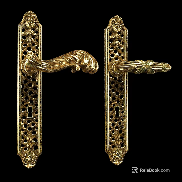 Ornate Golden Swing Door Handles Featuring Intricate Carved And Hollow Design 3d model 