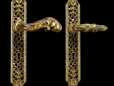 Ornate Golden Swing Door Handles Featuring Intricate Carved And Hollow Design 3d model