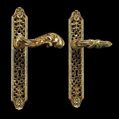 Ornate Golden Swing Door Handles Featuring Intricate Carved And Hollow Design 3d model