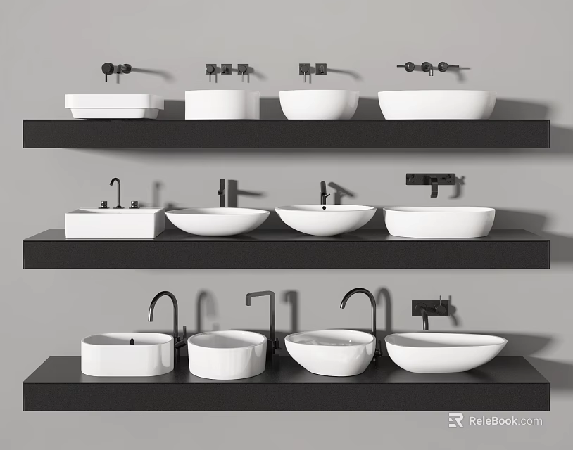 White Washbasins Featuring Various Faucet Styles on Black Shelves Four per Shelf 3d model 