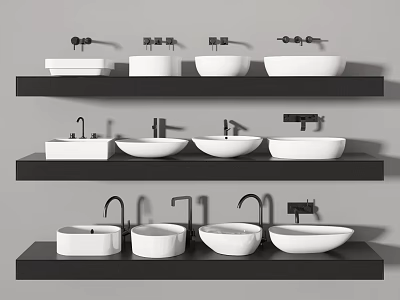 White Washbasins Featuring Various Faucet Styles on Black Shelves Four per Shelf 3d model