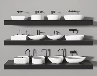 White Washbasins Featuring Various Faucet Styles on Black Shelves Four per Shelf 3d model