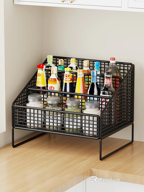 Black Metal Wire Storage Rack Organizing Condiment Bottles Spice Jars And Beverage On Kitchen Countertop 3d model 