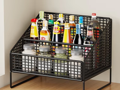 Black Metal Wire Storage Rack Organizing Condiment Bottles Spice Jars And Beverage On Kitchen Countertop 3d model
