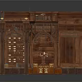 Vintage Wooden Room Structure With Bookshelves Fireplace Lattice And Trunks On Rug