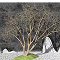 Bare Arbor in Landscape with Gray Background White Rock Formations Green Grass and White Pebbles