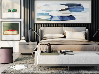 Modern Background Double Bed Interior Design With Decorative Paintings Bedside Table Bench And Rug 3d model