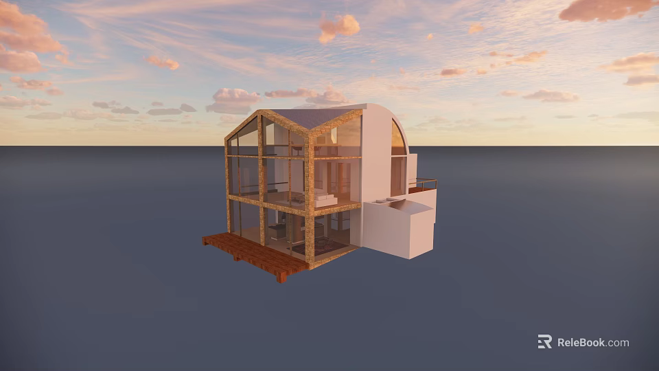 Waterfront Detached Villa with Large Glass Windows Wooden Structure and Terrace Under Sunset Sky 3d model 