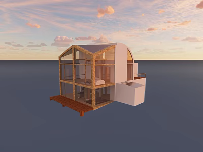 Waterfront Detached Villa with Large Glass Windows Wooden Structure and Terrace Under Sunset Sky 3d model