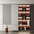 Modern Illuminated Decorative Cabinet With Shelves Vases Books Vertical Slat Panels And Wooden Floor