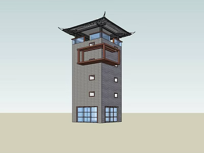 Traditional Chinese Tower With Stone Brick Exterior Glass Windows And Classic Roof Design 3d model