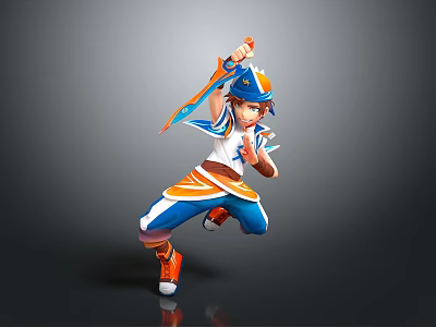 Cartoon Character In Blue White Orange Outfit With Cap Holding Weapon In Dynamic Jumping Pose 3d model