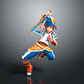 Cartoon Character In Blue White Orange Outfit With Cap Holding Weapon In Dynamic Jumping Pose