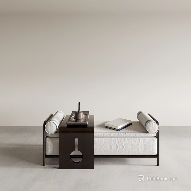 Modern Arhat Bed With White Cushion Black Frame Side Table Tea Set And Book 3d model