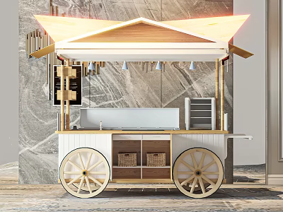 Mobile Food Cart With Wooden Roof White Body Large Wheels And Storage Compartments 3d model