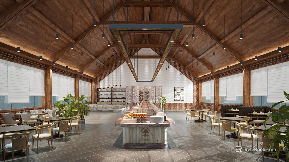 Warm Rustic Restaurant Interior With Open Layout Central Dining Counter Green Plants And Display Shelves 3d model