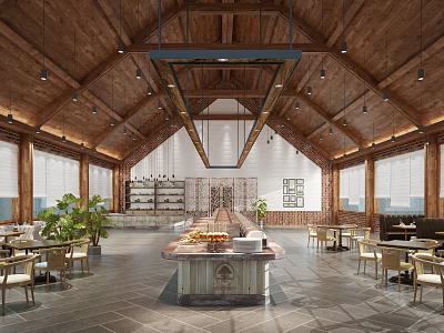 Warm Rustic Restaurant Interior With Open Layout Central Dining Counter Green Plants And Display Shelves 3d model