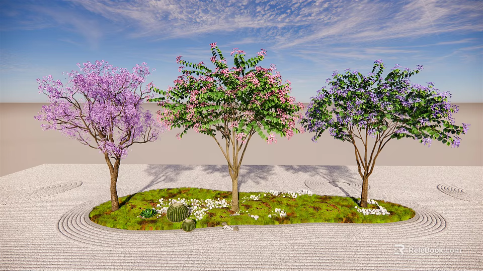 Colorful Flowering Arbor Trees With Pink Purple Blossoms In Garden Setting 3d model 