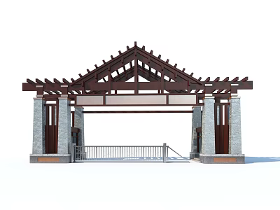 Traditional Chinese Entrance Gate With Wooden Pitched Roof And Stone Pillars 3d model