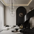 Modern High Ceiling Living And Dining Interior With Elegant Arch Design And Chic Pendant Lighting