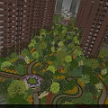Residential Garden Landscape With High Rise Buildings Green Trees Winding Paths And Flower Bed