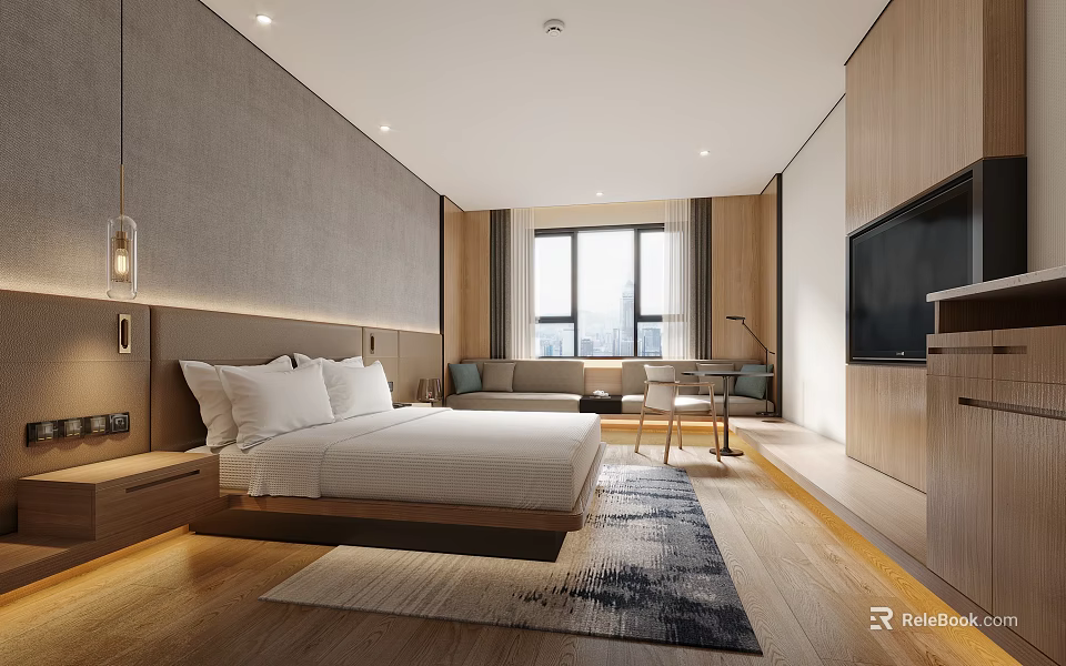 Hotel Guest Room With Floating Bed Gray Accent Wall Sofa Area Natural Light And TV 3d model 