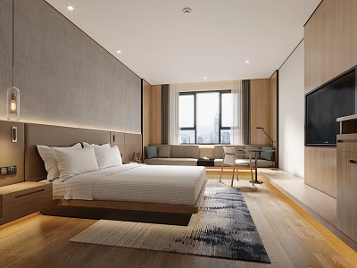 Hotel Guest Room With Floating Bed Gray Accent Wall Sofa Area Natural Light And TV 3d model