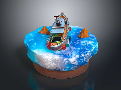 Decorative Model Scene with Small Boat on Blue Water and Brown Base Hills 3d model