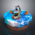 Decorative Model Scene with Small Boat on Blue Water and Brown Base Hills