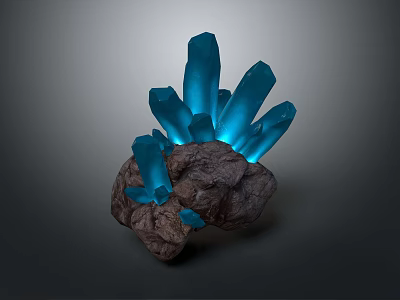 Glowing Blue Crystal Cluster With Rock Base On Dark Background 3d model