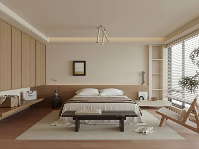 Modern Minimalist Bedroom Interior Design With Wooden Cabinets Bed Rug Framed Picture And Window Blinds 3d model