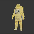 Astronaut Standing In White Spacesuit With Red Stripes Gold Helmet And Backpack On Gray Background