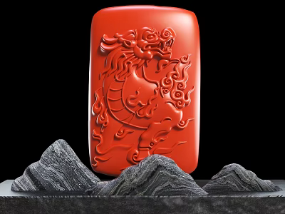Red Dragon Carved Jewelry Pendant With Intricate Design And Mountain Stone Base 3d model
