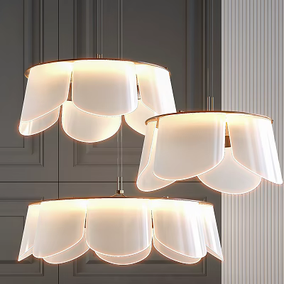 Elegant Three Petal Shaped White Chandeliers With Gold Metallic Frames In Modern Interior 3d model