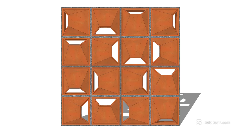 Orange Modular Cubic Building Facade With Hollow Geometric Grid Pattern Design 3d model