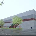 Modern Industrial Warehouse Exterior Design With Glass Metal Facade And Landscaping Trees