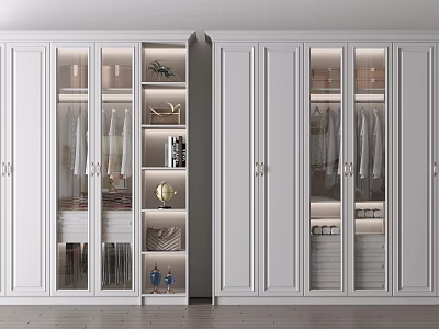 Modern White Wardrobe With Glass Doors Built in Lighting Hanging Clothes And Storage Design 3d model