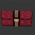 Red Fashionable Handbag With LV Logo Pattern Gold Studs And Lock For Daily Use