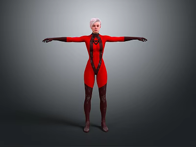 Woman in Red Bodysuit with Short Hair and Outstretched Arms Against Gray Background 3d model