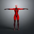 Woman in Red Bodysuit with Short Hair and Outstretched Arms Against Gray Background