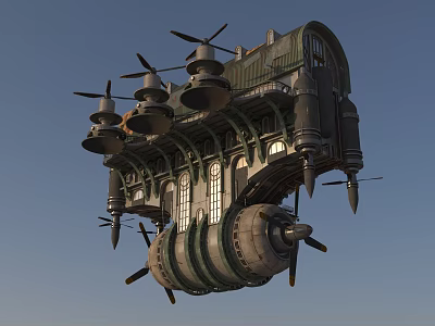 Steampunk Vintage Flying Airship With Detailed Mechanical Structure Propellers And Windows 3d model