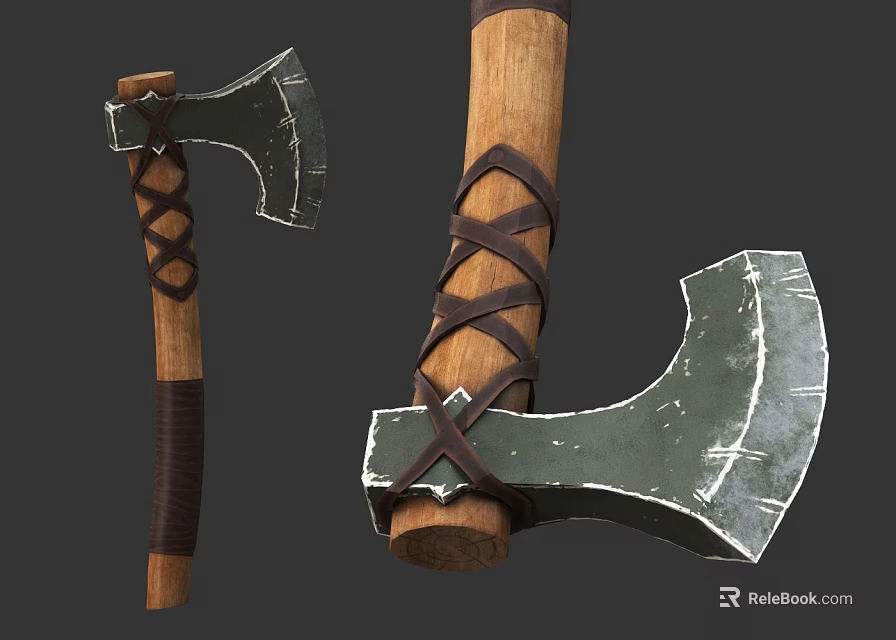 Handcrafted Medieval Axe With Wooden Handle Leather Straps And Sharp Metal Blade 3d model 